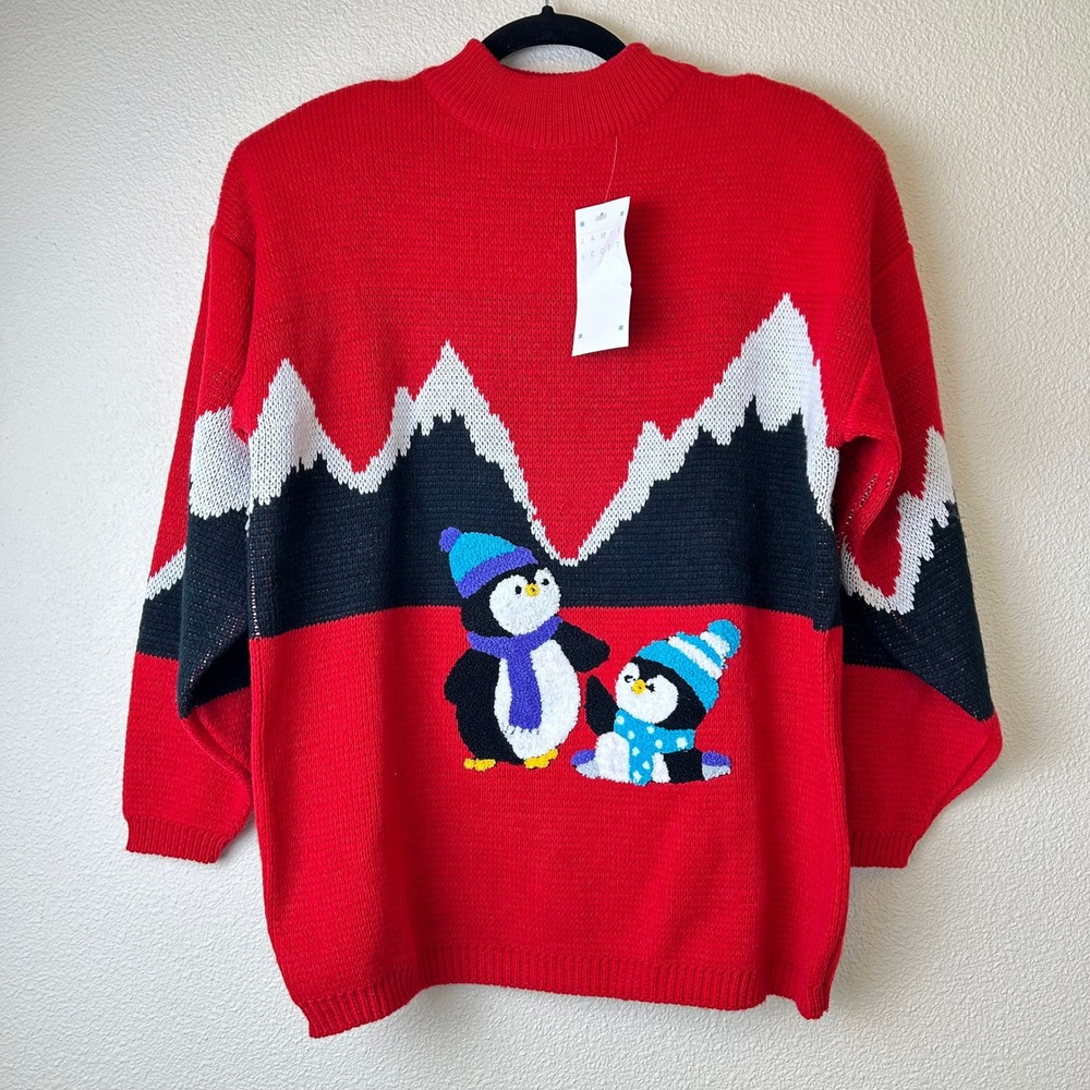 VINTAGE 80s Jamie Scott Penguin Holiday Sweater NWT Oversized Novelty S M L